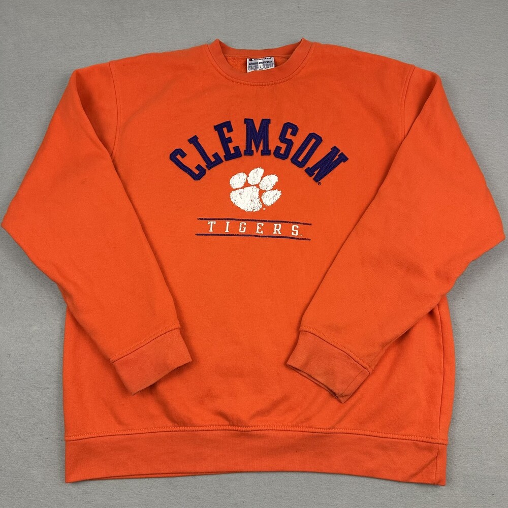 Clemson Tigers Sweatshirt Men Large Orange Champion Crew Pullover Sweater NCAA L